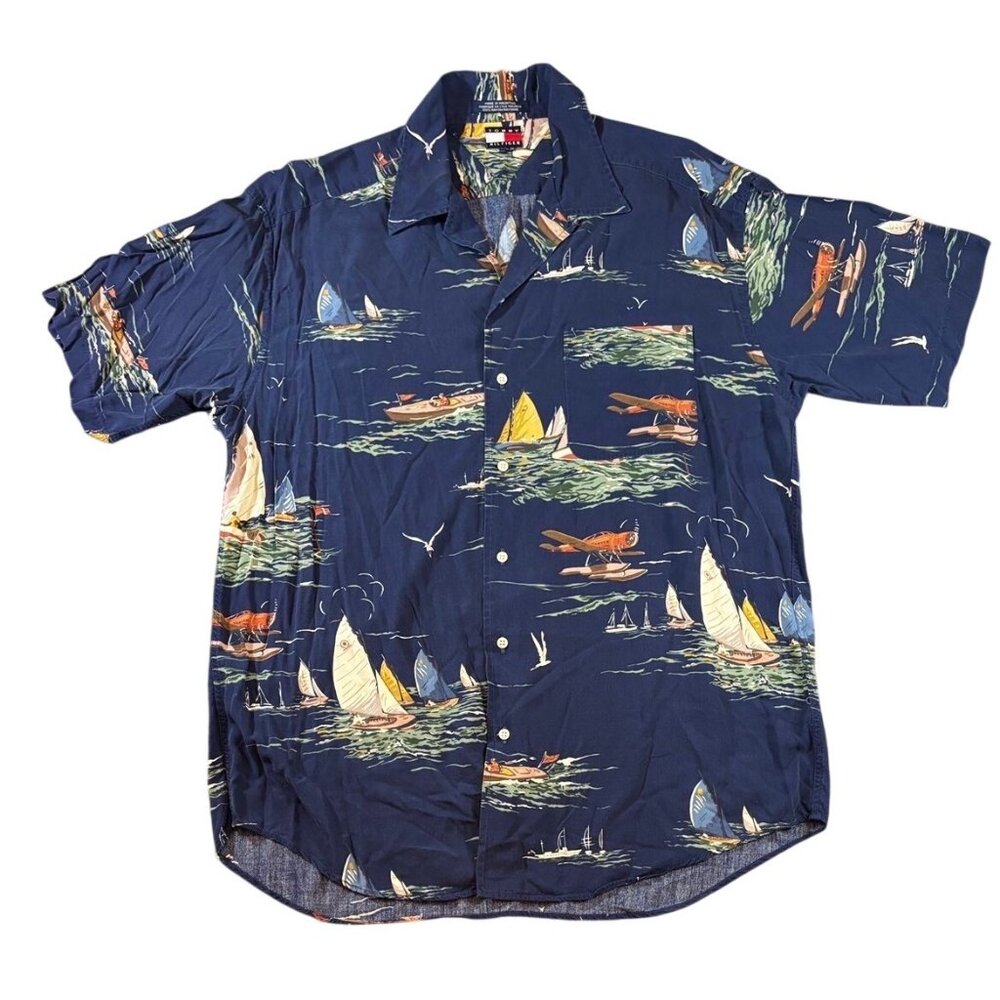 Vintage Tommy Hilfiger Shirt Mens Blue Sailing Gear Rayon Short Sleeve Size L